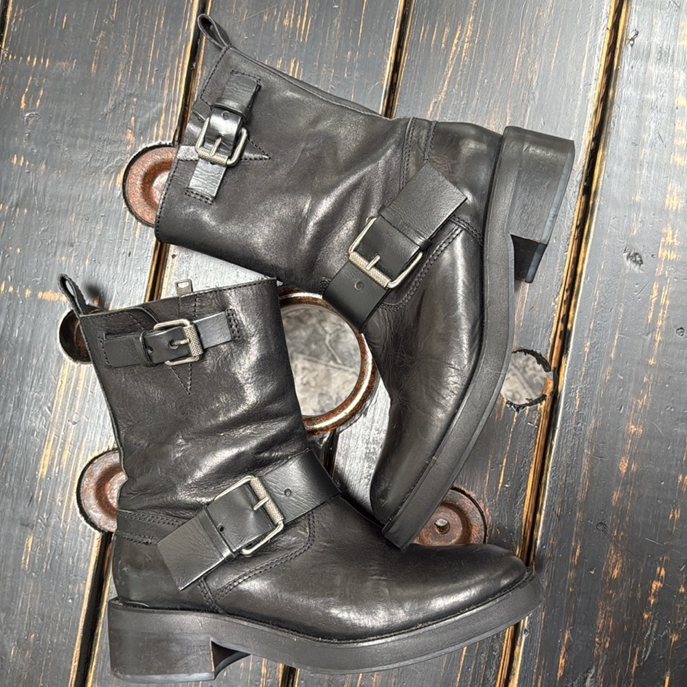 AllSaints Black Leather Buckle Boots